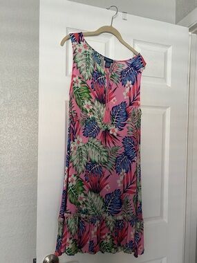 Caribbean Joe Pink Tropical Leaf Tie-Neck Dress